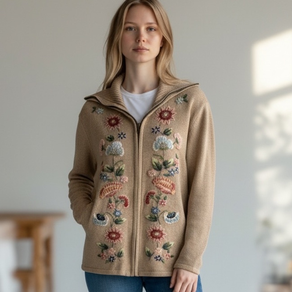 Tiara Beige Floral Embroidered Zip-Up Cardigan